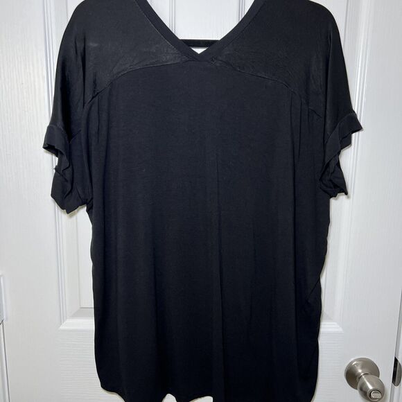 Jacqueline B Batwing Short Sleeve Silk Front Blouse M / L Black Jersey Knit Back - Picture 4 of 7